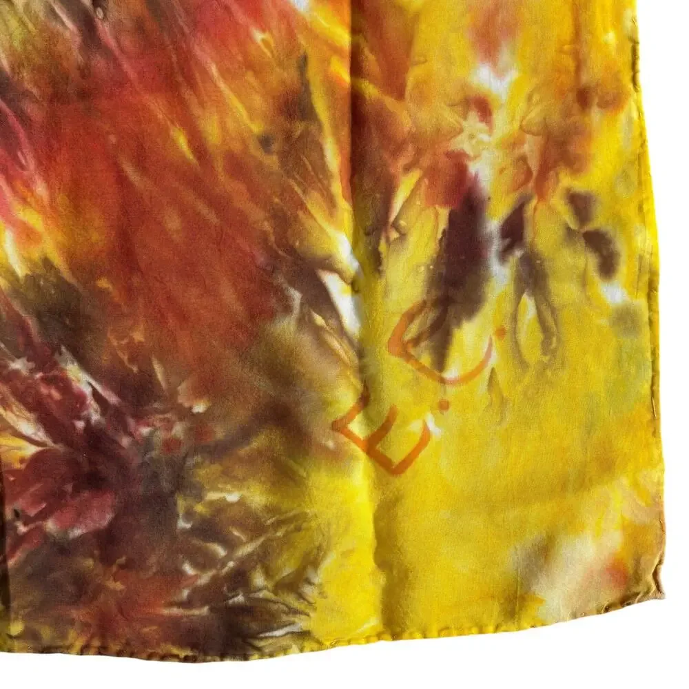 Hand Tie Dyed Silk Scarf Brilliant Yellow Gold Orange Large Square Boho Hippie